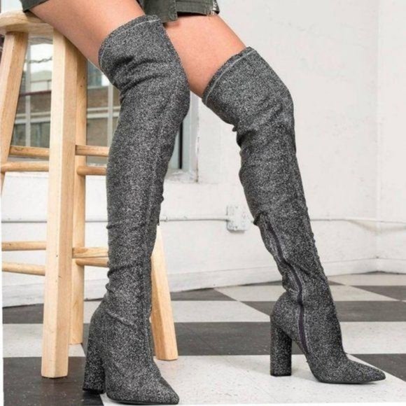 Stretch Thigh Hi Chunky Heel Boots in Pewter - Picture 3 of 5